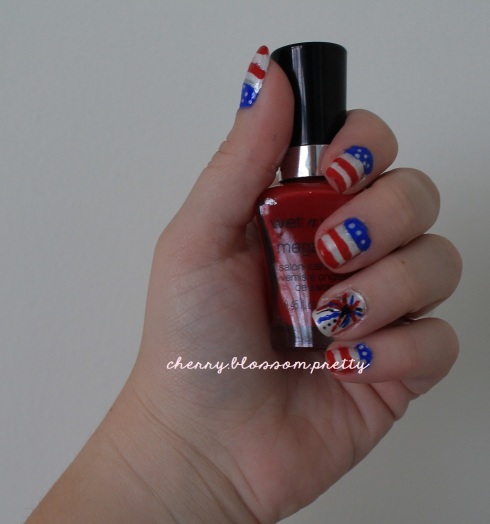 Fourth of July inspired nails.  Flag nails with firework accent.